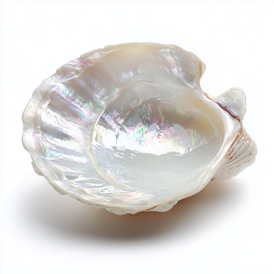 A detailed close-up of an iridescent seashell showing its smooth, shiny, mother-of-pearl interior with soft natural reflections on a white background.
