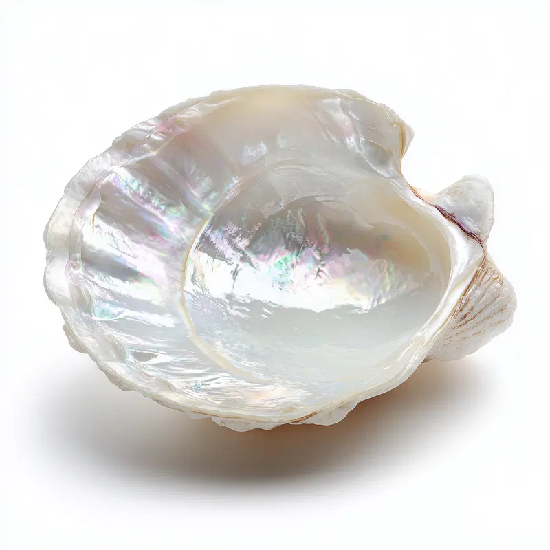 Close-up photograph of an iridescent seashell with pearly interior