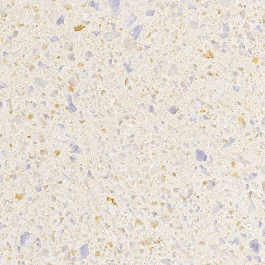 Texture of terrazzo flooring or countertop with small multicolored stones embedded in a light beige matrix