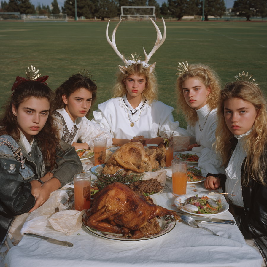 Five women with serious expressions sitting around a white tablecloth-covered table outdoors on a grass field, with roasted turkeys, food, and drinks, one woman wearing large antlers and floral headpieces on all of them