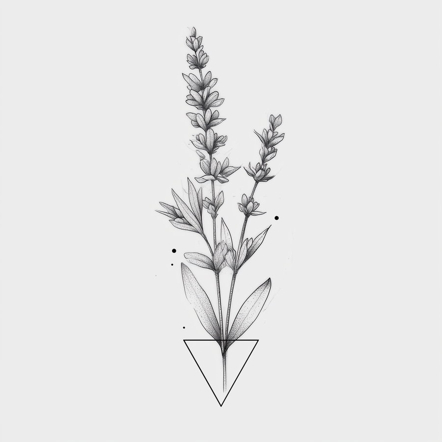 Black and white drawing of a delicate plant with leaves and flowers emerging from an outlined inverted triangle, with small scattered dots around