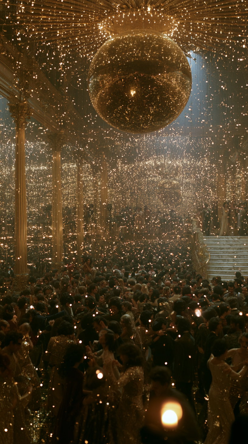 A crowded vintage ballroom with many people dancing, surrounded by golden lighting and sparkling reflections dominated by a large golden disco ball hanging from the ceiling