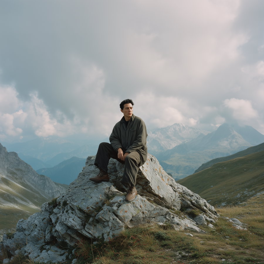 A man dressed in dark green jacket and pants sitting on a large rocky outcrop in a mountainous landscape under a cloudy sky.