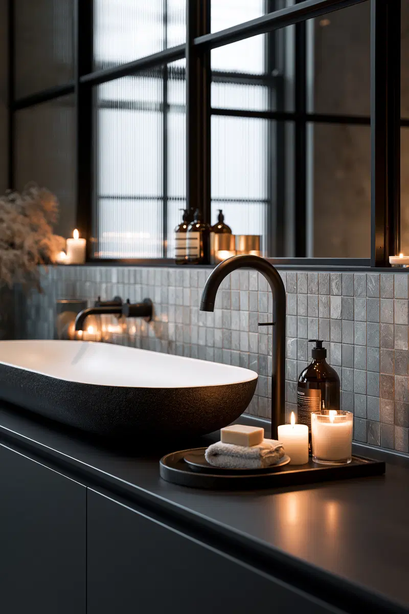 Modern bathroom vanity with lit candles and elegant stone basin
