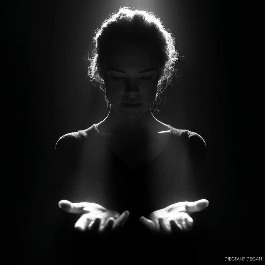 A black and white photograph of a woman with eyes closed, light highlighting her face and open hands against a dark background