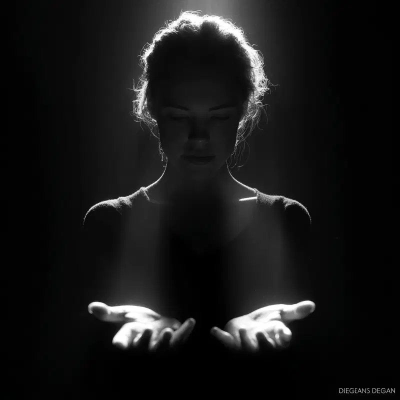 Black and white portrait of woman with light shining on open hands