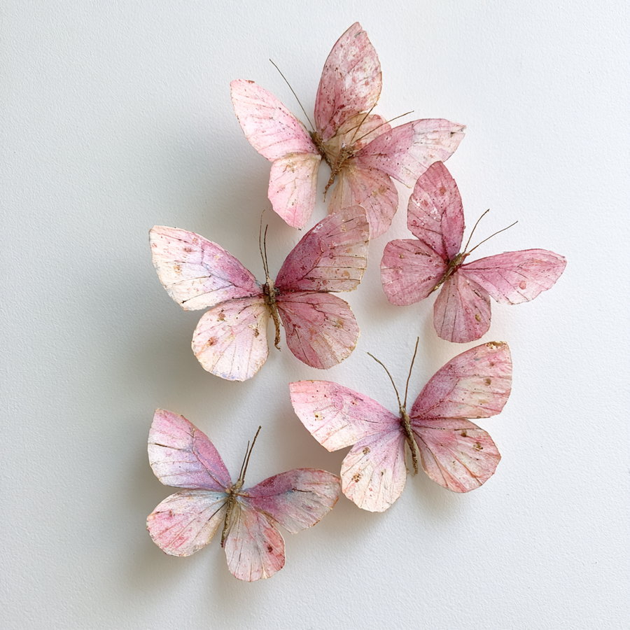 Five pink butterflies with detailed wings arranged on a white textured wall
