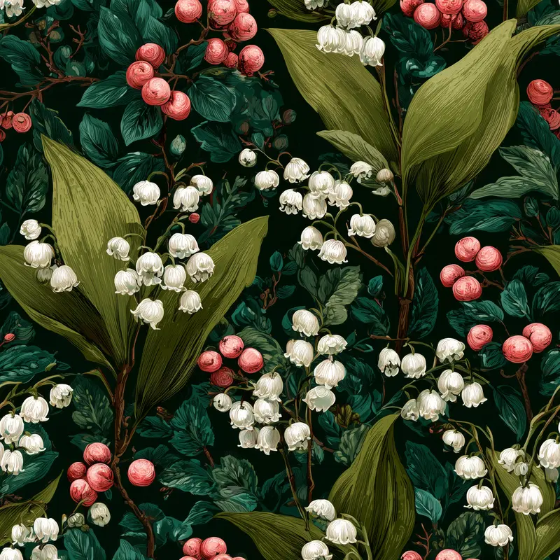 Detailed floral pattern featuring lily of the valley flowers and red berries on dark background