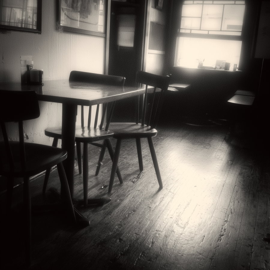Black and white photo of a small dining area with wooden chairs and a table, sunlight streaming in through windows creating a moody atmosphere
