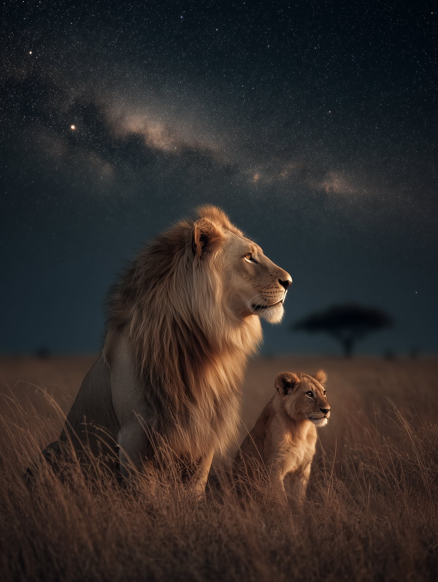 A large lion and a cub sit side by side in tall dry grass with a dark sky filled with stars and a silhouette of a tree in the background
