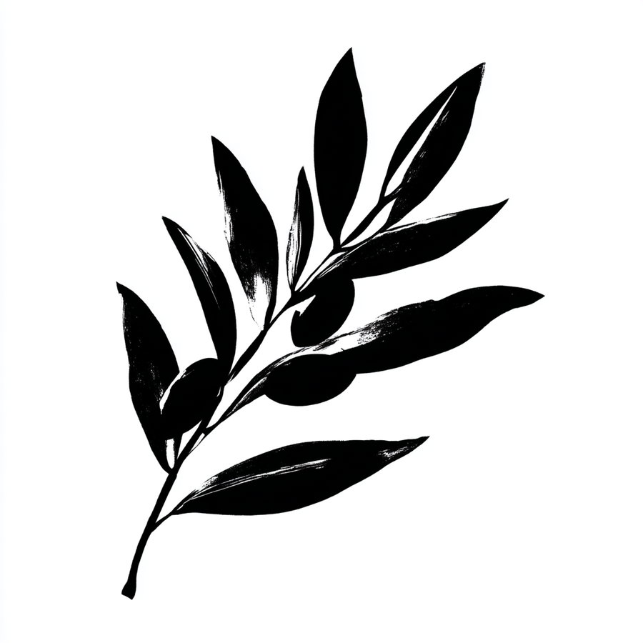 Black silhouette of an olive branch with leaves and olives against a white background