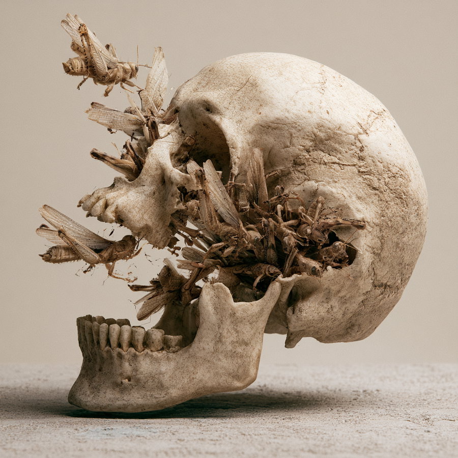 A weathered human skull partially filled and surrounded by realistic grasshoppers against a plain beige background