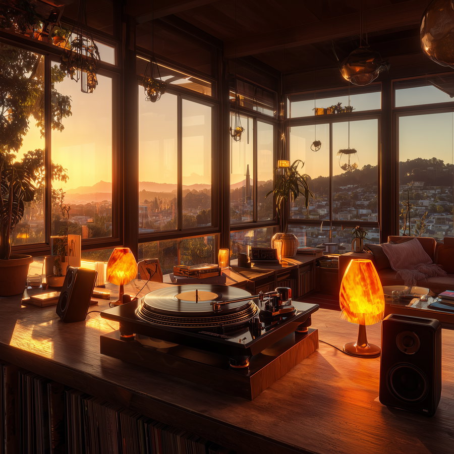 Indoor setting with wooden furniture, hanging plants, two small lamps with warm amber light, record player on a wooden table, and large windows showing a cityscape at sunset