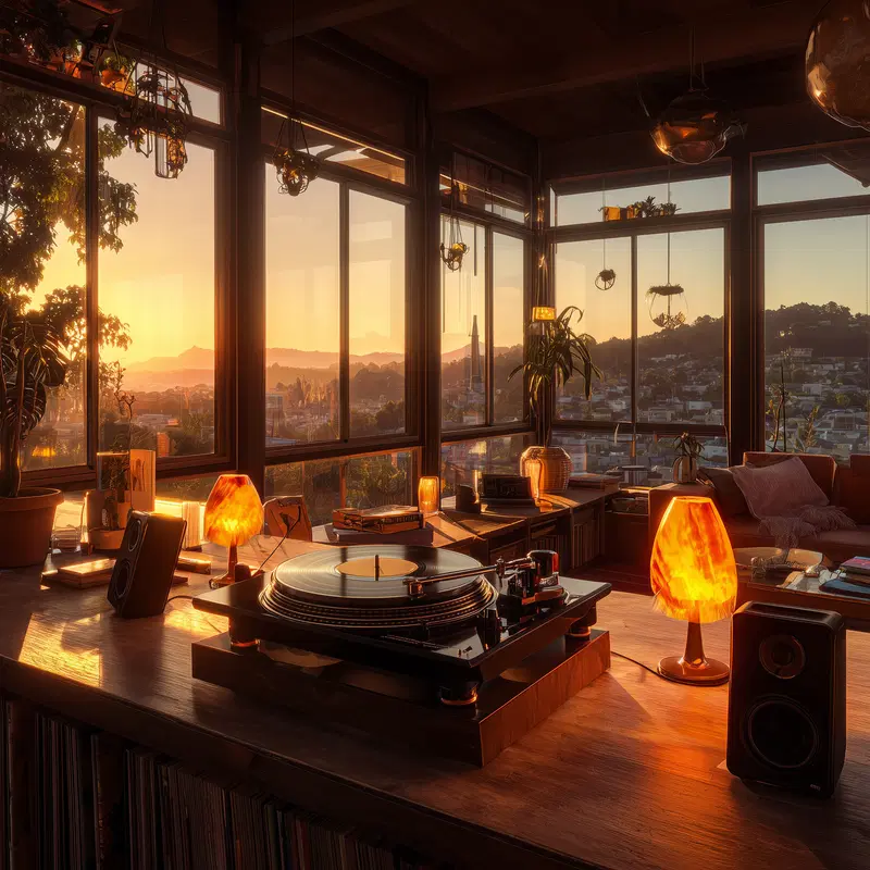 Moody interior with warm lighting, record player and sunset city views