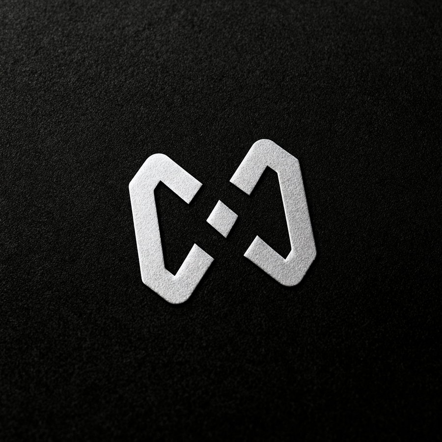 White minimalist geometric shapes arranged symmetrically on a black textured background