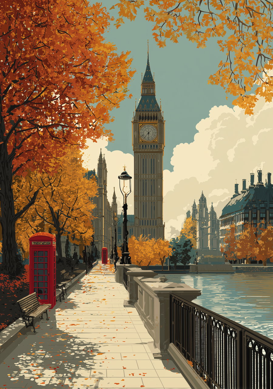 Artistic vintage style illustration of a London street with Big Ben clock tower, red telephone booths, autumn trees with orange leaves, and a river with railings in front