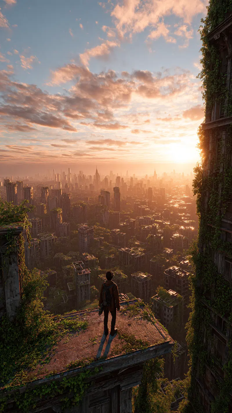 Person standing on rooftop overlooking an overgrown cityscape at sunset