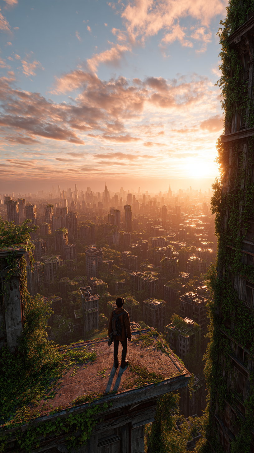 A person stands on the edge of a rooftop covered with plants, overlooking a vast city of abandoned, vine-covered buildings under a partly cloudy sunset sky.