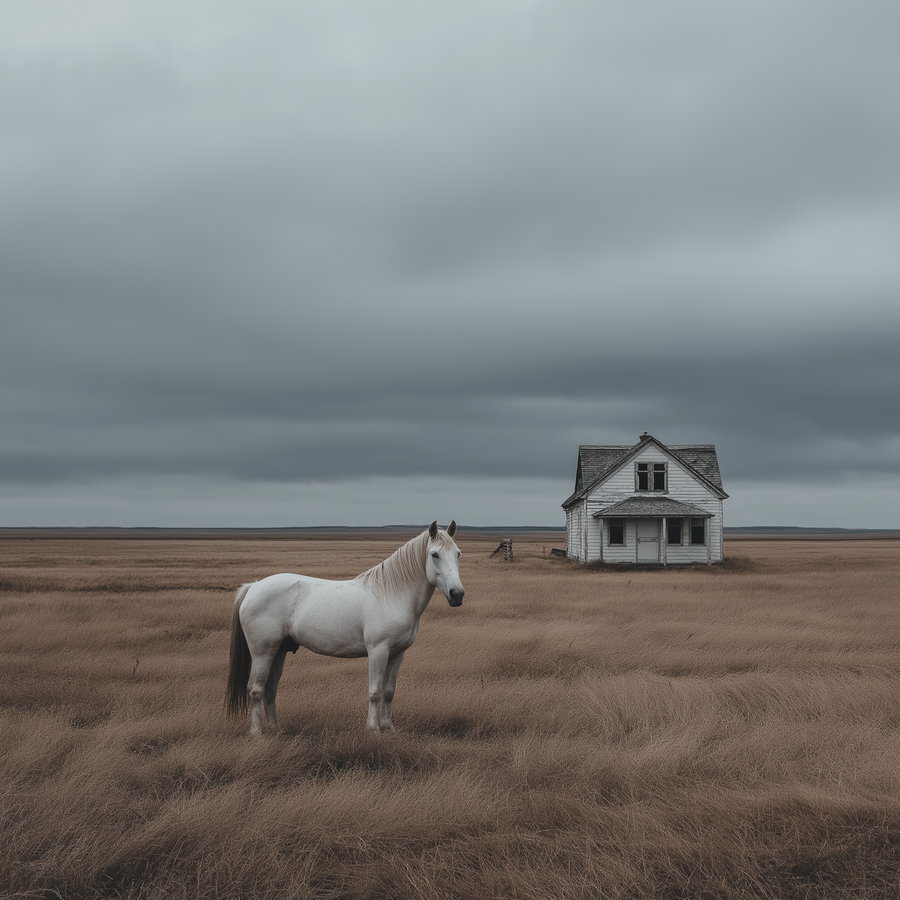 A white horse stands in tall dry grass with a weathered white house in the background under grey clouded sky