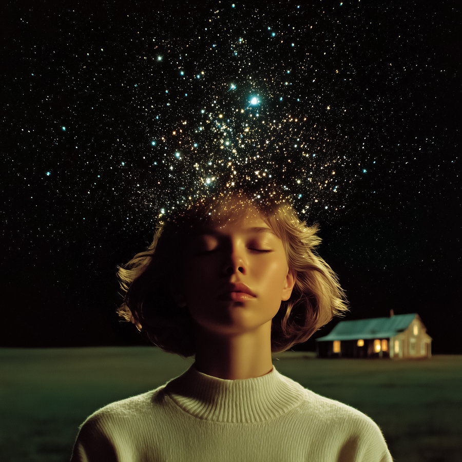 Close-up of a young woman with closed eyes in a white sweater, stars and lights bursting from her head against a dark night sky, with a house in the background
