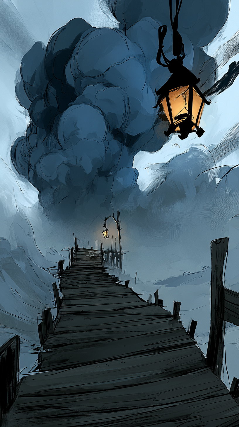 Dark wooden pier extending into the distance with hanging lanterns glowing orange, surrounded by thick blue-gray smoke and mist