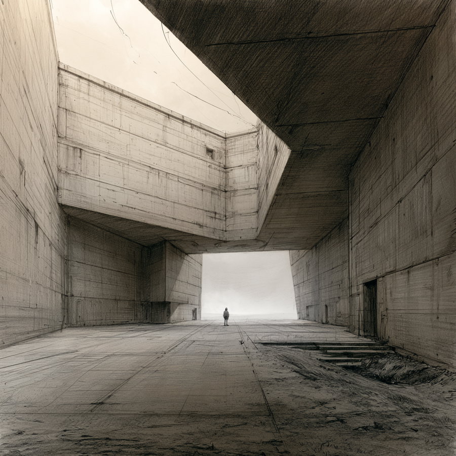A monochromatic sketch of a large, empty concrete architectural space with high walls and a lone person standing in the distance under an open sky