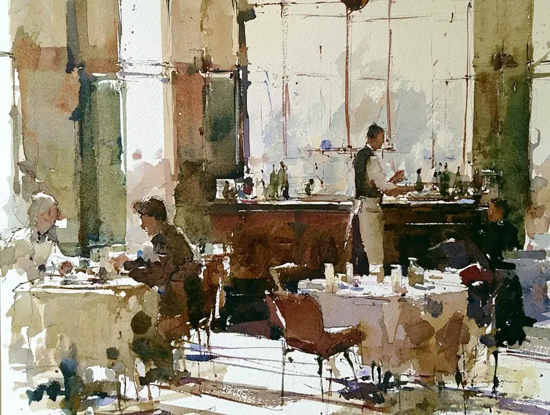 Impressionistic watercolor painting of a lively restaurant scene with diners and a waiter