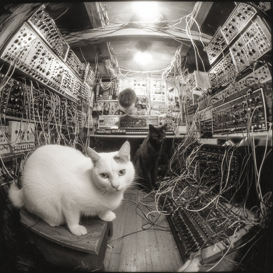 Two cats, one white with a black spot on its head and one black, sitting on the floor and a wooden box amidst vintage modular synthesizer equipment with many cables in a small cluttered room.