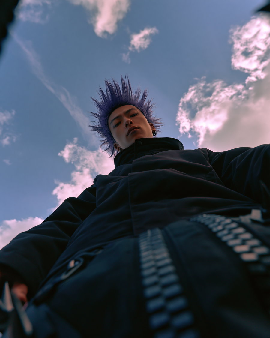 A person with spiked purple hair wearing dark clothing is photographed from a low angle with a sky background filled with scattered clouds.