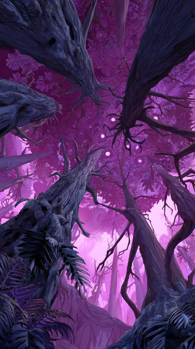 Magical forest canopy with glowing orbs and purple foliage art