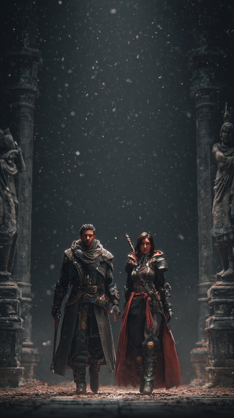 Two characters in dark medieval armor walking between ancient stone pillars with dust particles in the air
