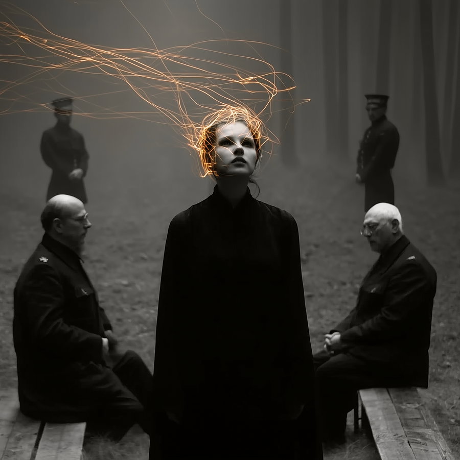 Black and white image of a woman with glowing orange lines around her head standing in the foreground, with two older men sitting on benches and two men in uniform standing behind them in a foggy forest.
