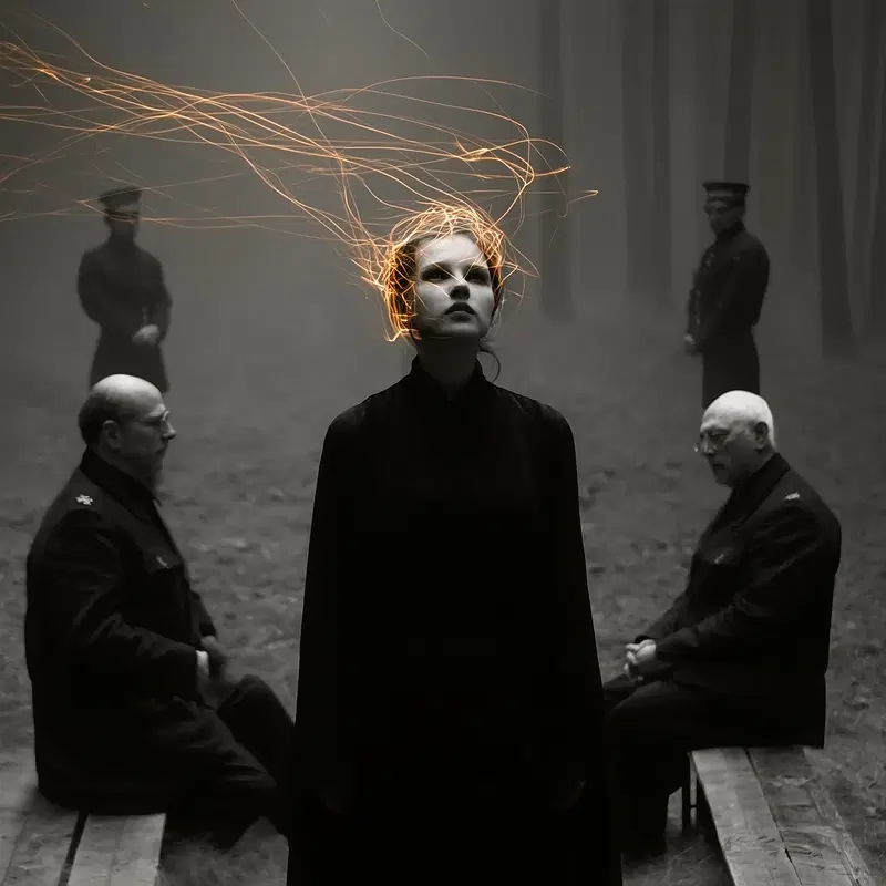 Moody dark academia scene with a woman surrounded by older men in a foggy forest