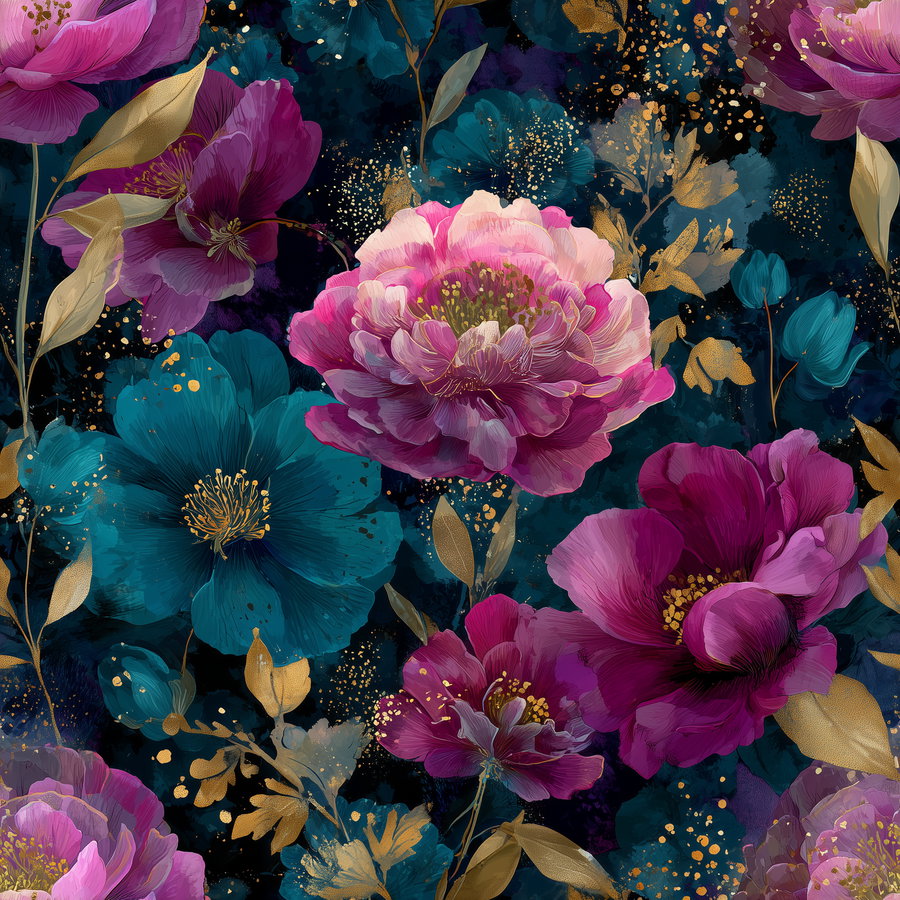A detailed floral pattern featuring large pink and blue flowers with gold leaves and speckles on a dark background