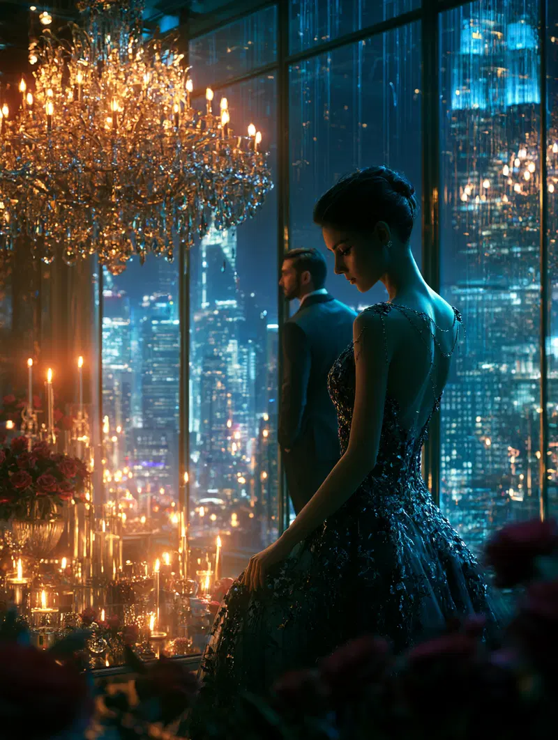 Elegant couple in evening wear by candlelight with city skyline view