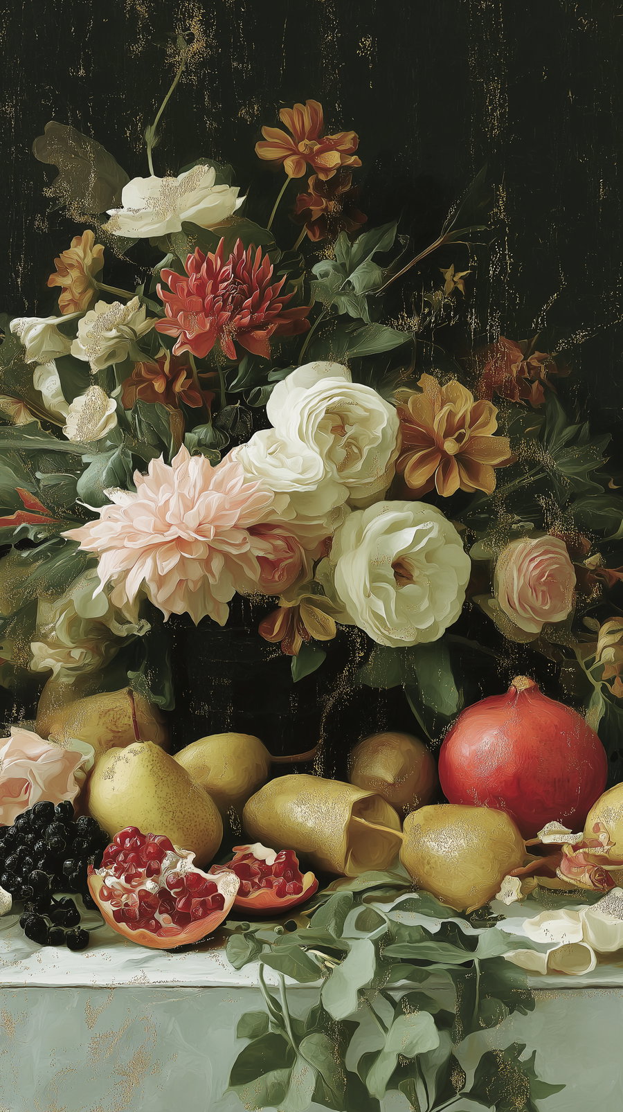 Still life painting of white, pink, and orange flowers arranged in a bouquet with pears, pomegranate, berries, and greenery on a white table against a dark background