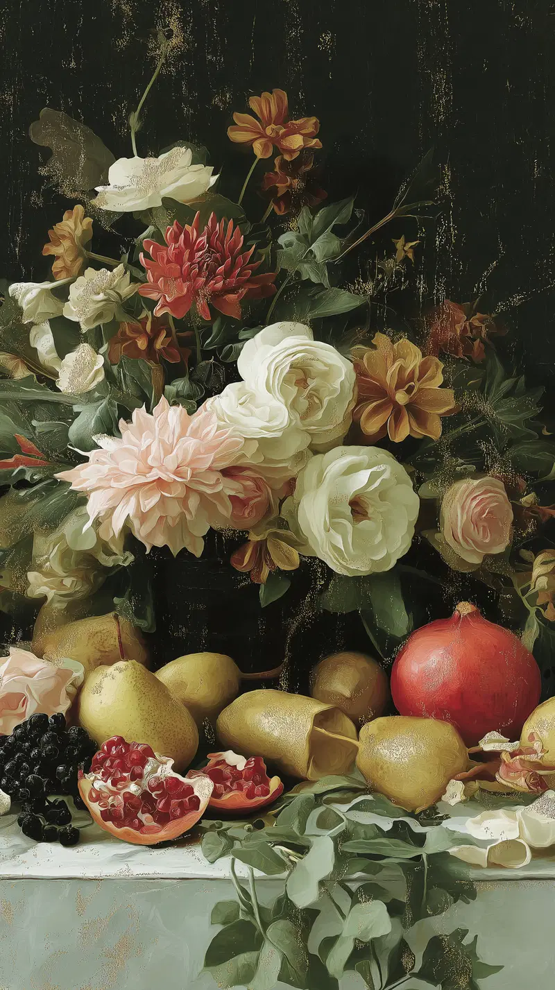 Classic still life painting featuring flowers and assorted fruits on a table