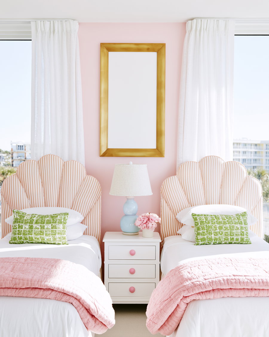 Two twin beds with seashell-shaped striped headboards, green pillows, and pink quilts with a white nightstand and blue lamp in between against a pink wall with a gold empty picture frame