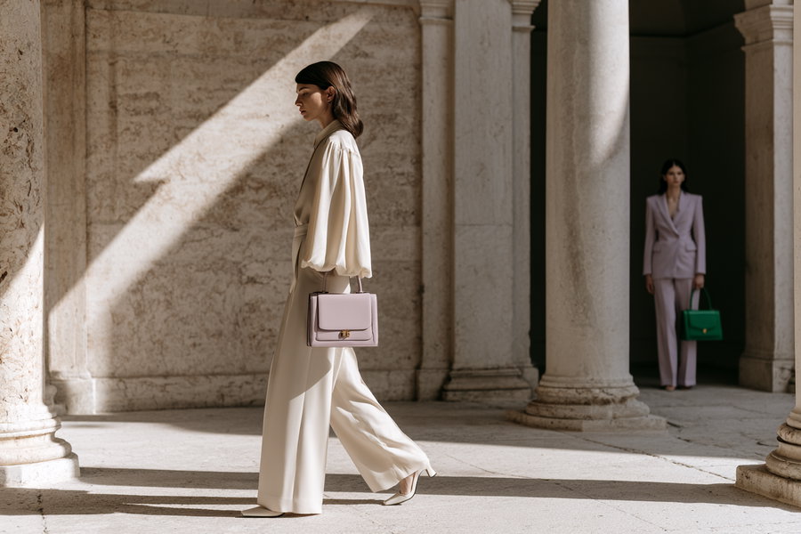 Two women in modern tailored outfits, one walking in cream-toned wide pants and blouse with a pink handbag, the other standing in a lavender suit with a green handbag, surrounded by classical stone columns and soft natural light