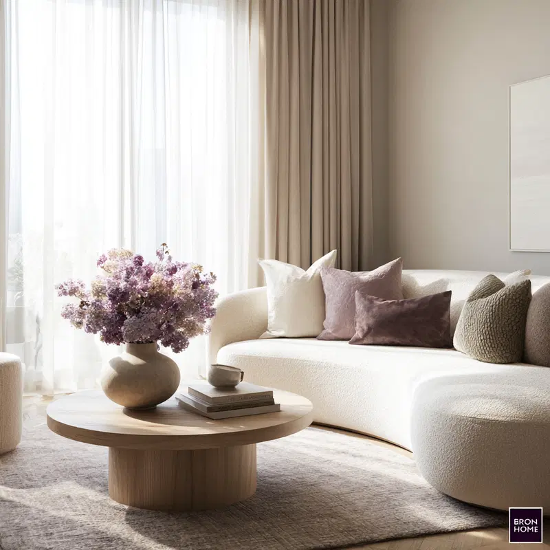Cozy living room with neutral toned decor and textured cushions