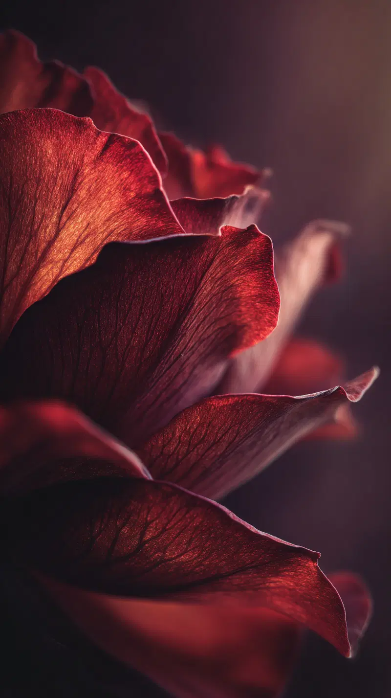 Close-up of rich red flower petals with detailed texture and lighting
