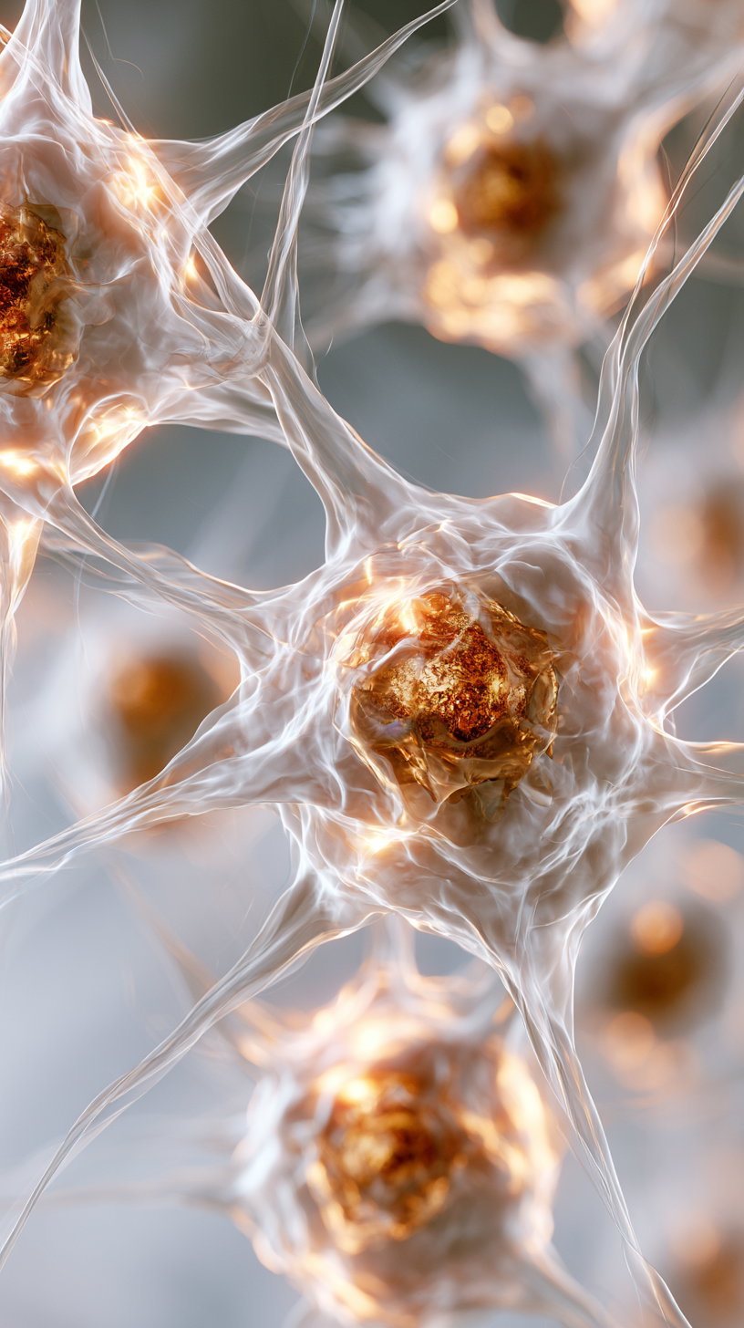 Close-up of glowing orange and white neuron-like abstract structures with web-like extensions against a soft gray background