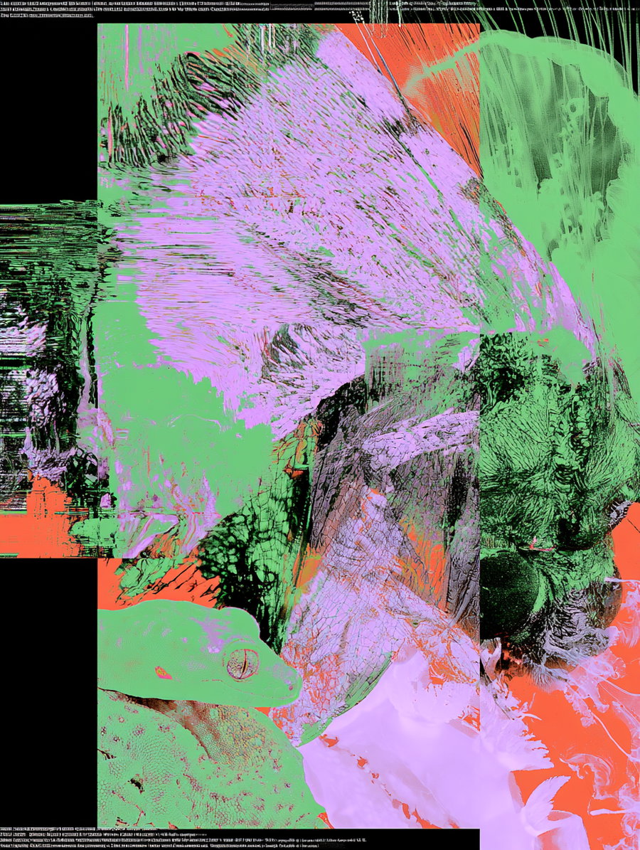 An abstract digital artwork of reptile-like textures and shapes in green, purple, black, and orange colors