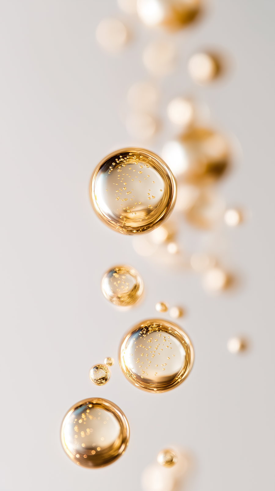 Golden bubbles floating in a light, blurred background with a soft focus and reflective details