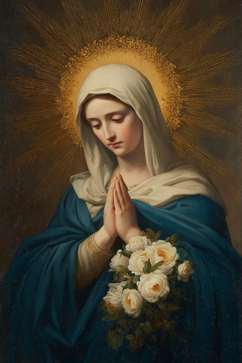 Romantic painting of a praying woman with halo and white roses