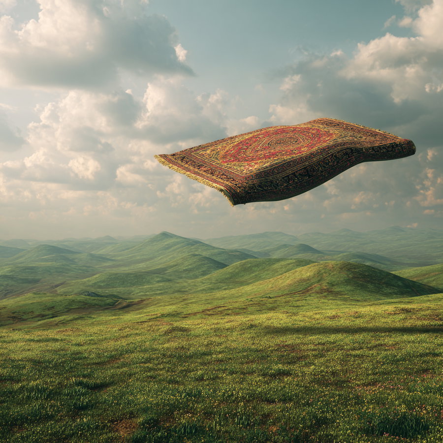 A detailed vintage-style Persian carpet floating in the air above green rolling hills under a cloudy sky