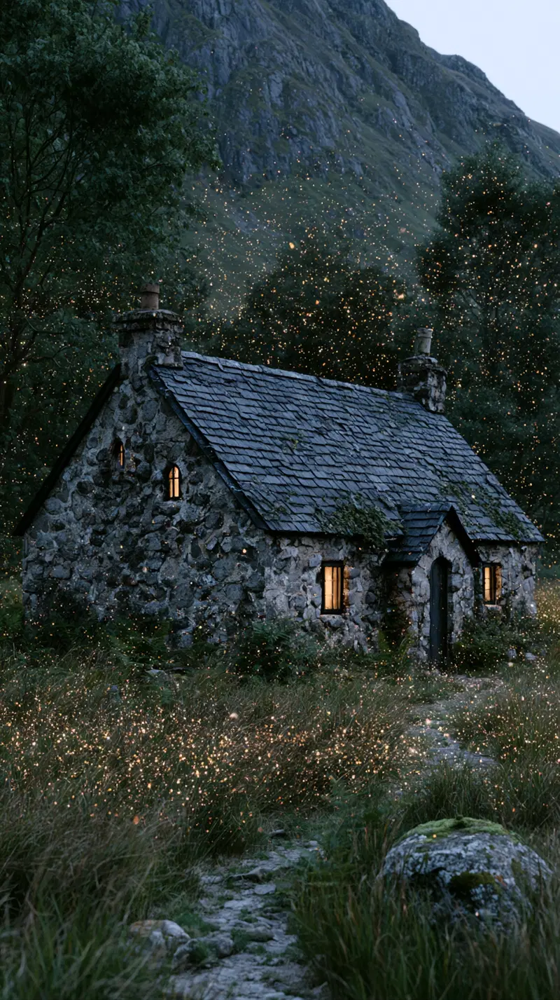 Stone cottage in a mountainous area illuminated by glowing fireflies at dusk