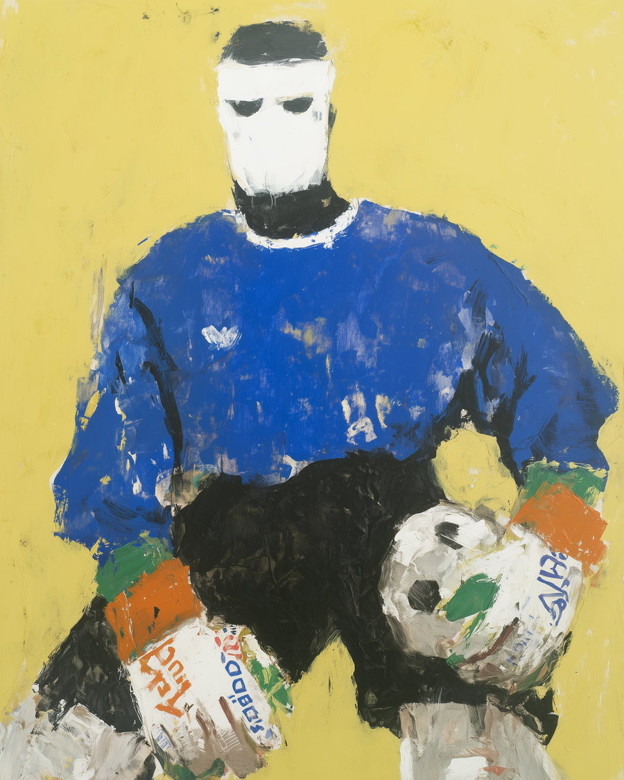 Abstract painting of a soccer goalkeeper wearing a blue jersey and multicolored gloves, holding a soccer ball against a yellow background