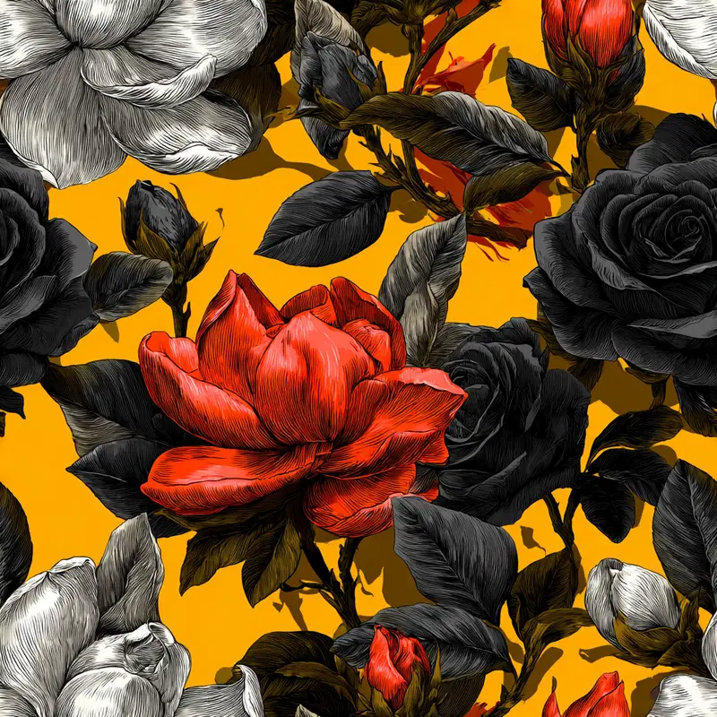 Detailed moody floral illustration with vintage style black, white and red roses on mustard background