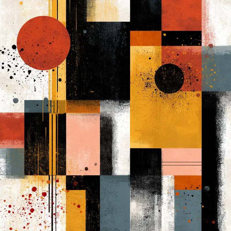 Abstract composition with bold geometric shapes and splattered paint